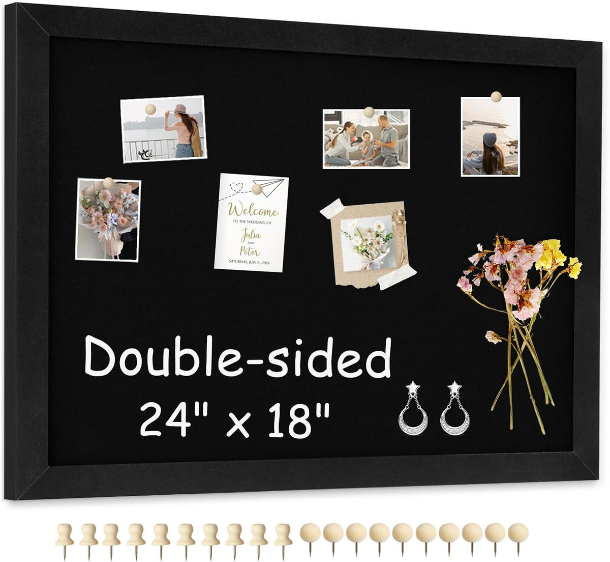 Double-Sided Wood Framed Cork Board with Linen, 24" x 18"(Black)