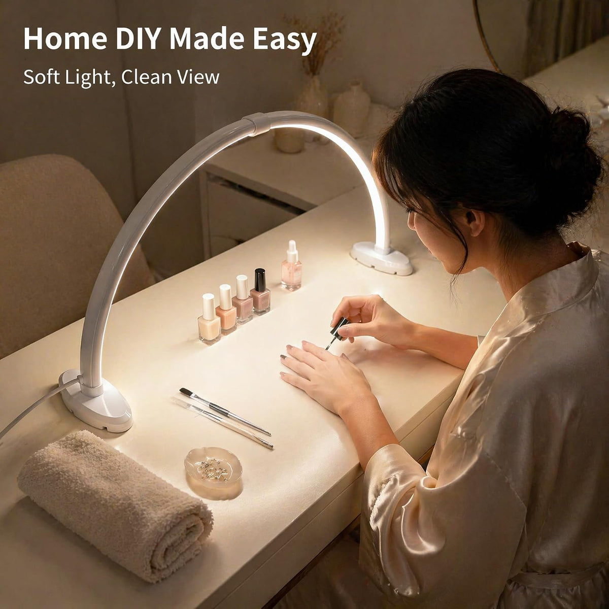 Half Moon Nail Light, 180° No Shadow LED Nail Desk Lamp with Foldable Height ...