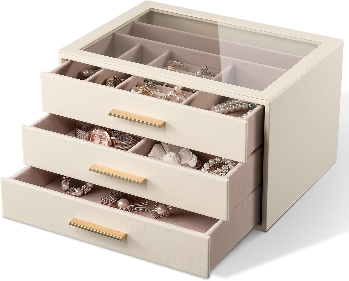 Jewelry Box Organizer Storage Case, 3-Layer with Glass Window, White