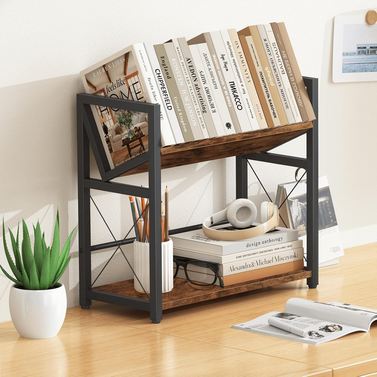 ELITEROO Desktop Bookshelf, 2 Tier Desk Shelf Organizer, Wooden Tabletop Book...