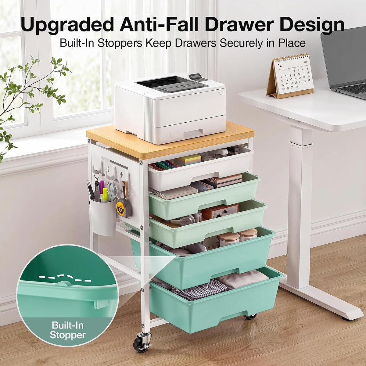 ALVOROG Rolling Storage Cart with 5 Drawers,Pegboards,Wooden Top,Bins,Green