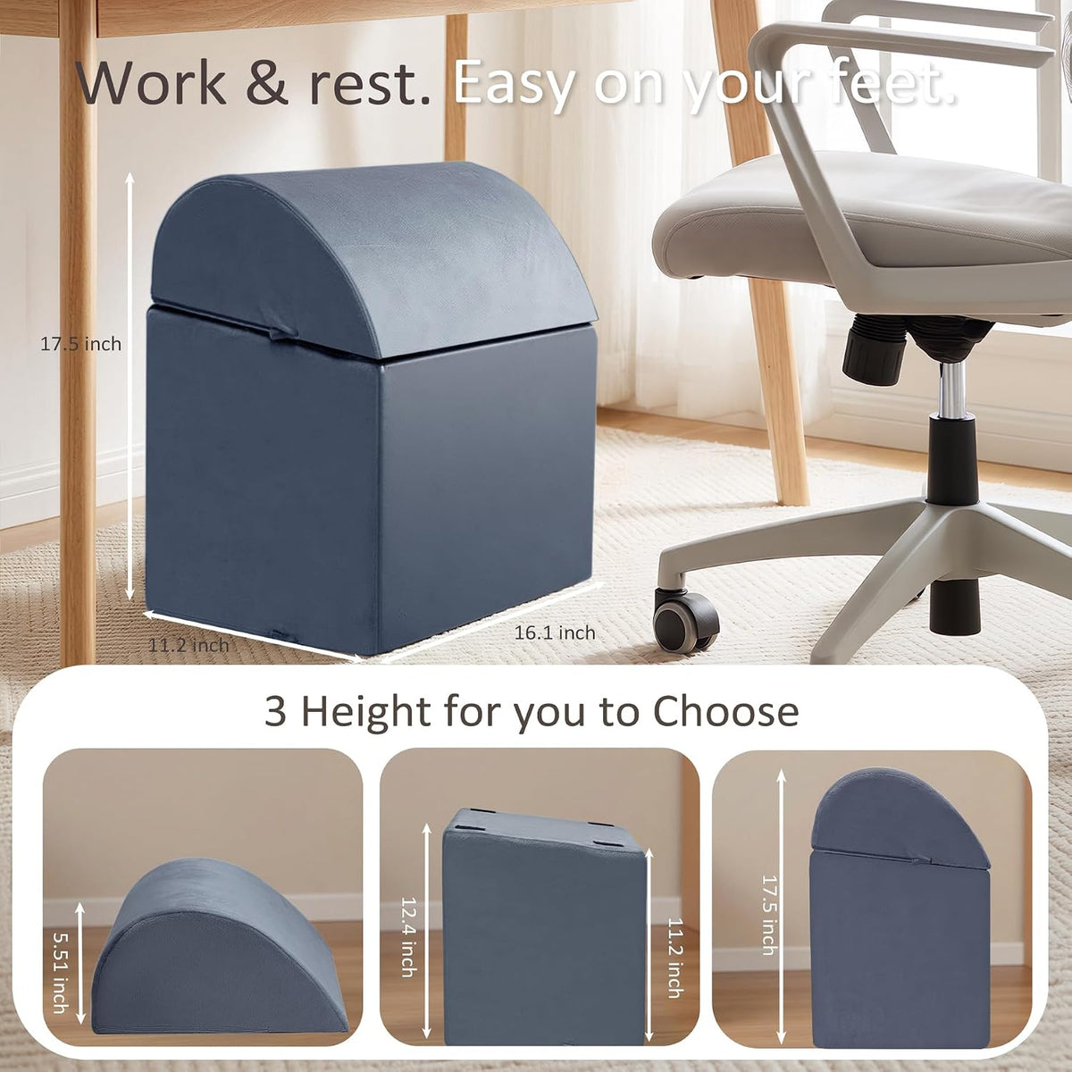 Foot Rest Under Desk, Non-Slip Footrest with 3 Adjustable Heights for Under D...