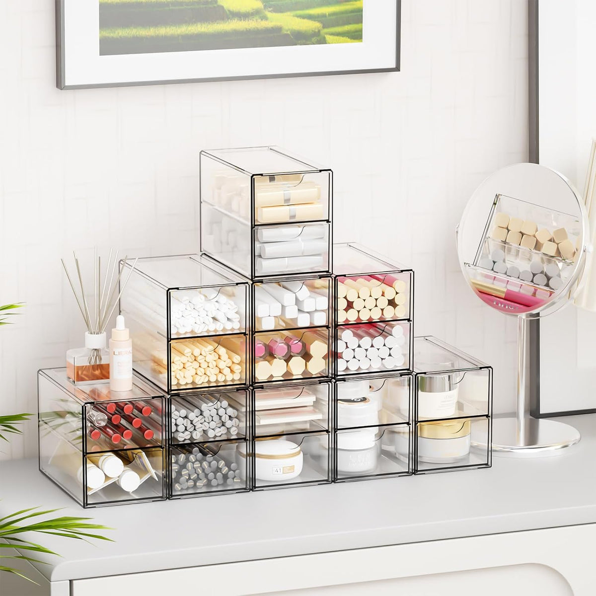 Yieach 9 Pack Small Acrylic Drawers With 18 Drawers,Clear Drawer Organizers S...