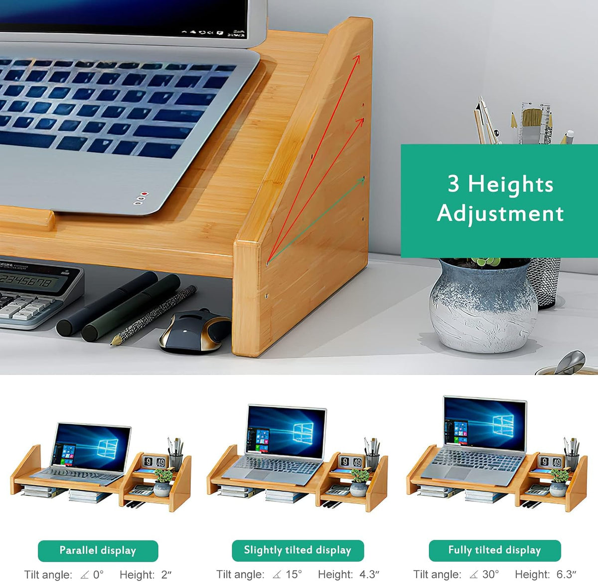 Ufine Bamboo Laptop Stand for Desk with Storage Computer Monitor Riser
