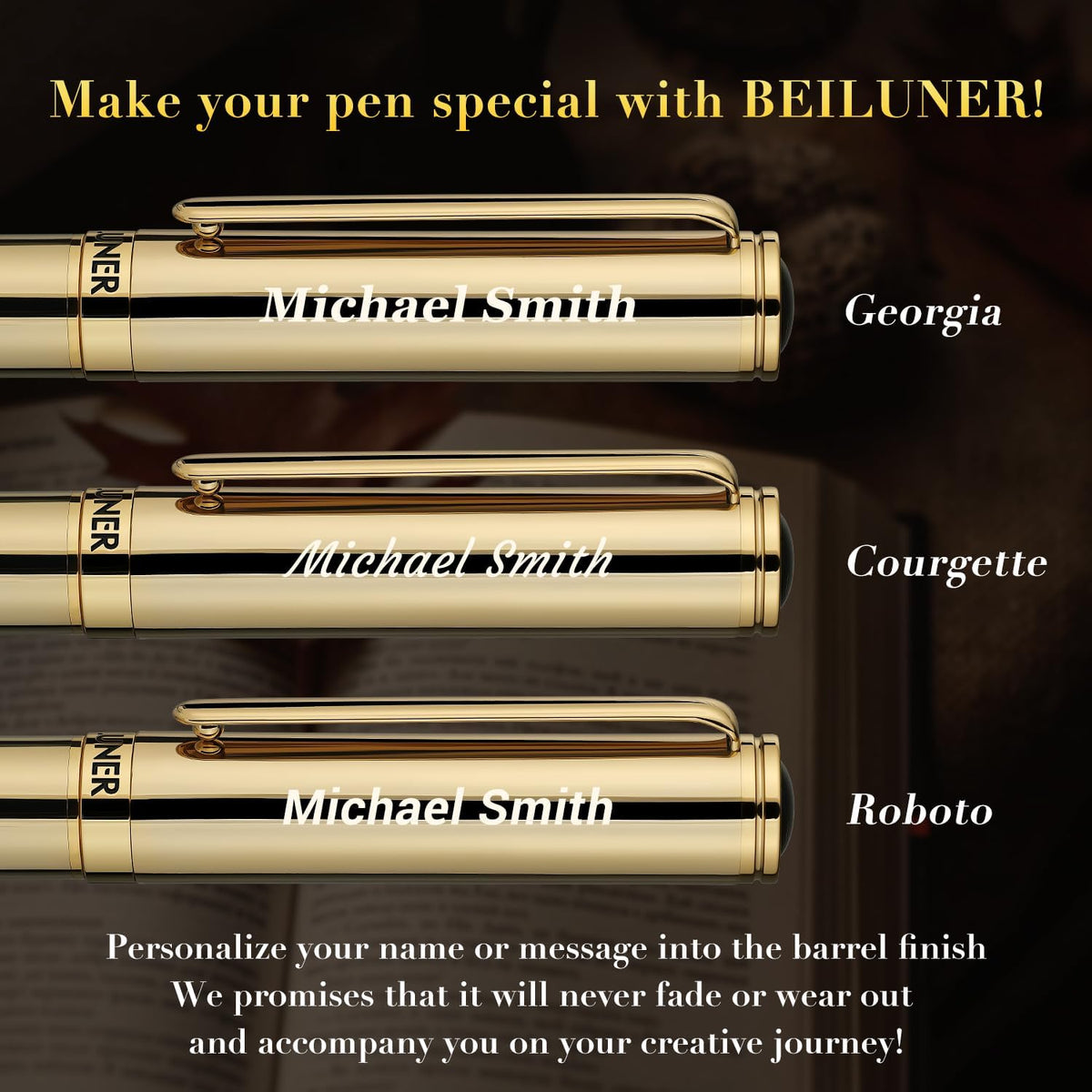 BEILUNER Personalized Gold Gel Pen, Stunning Luxury Pens,24K Gold Finish