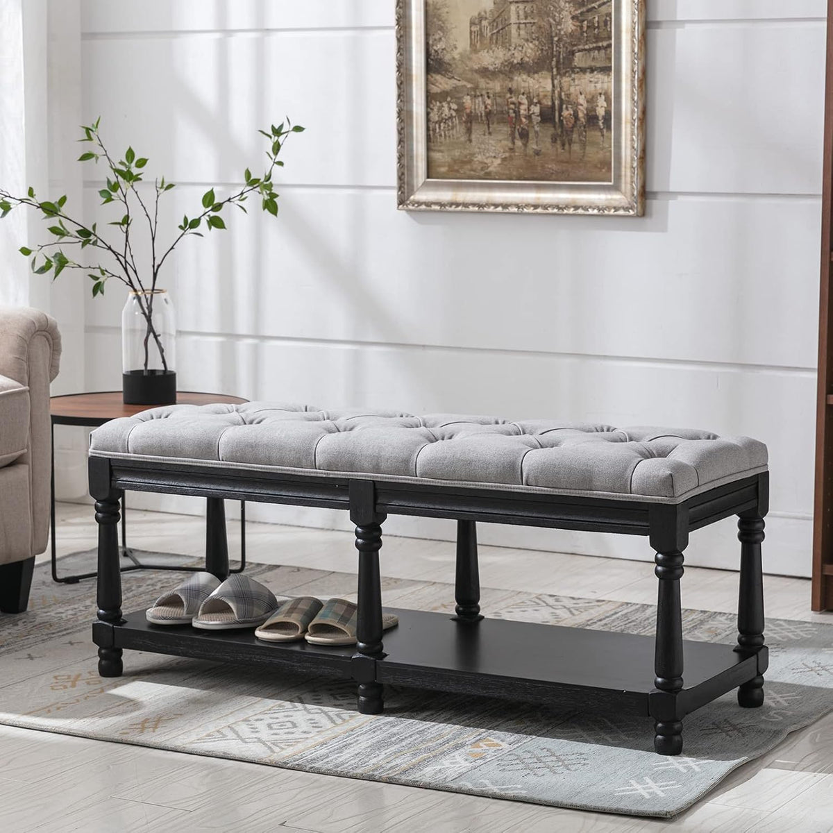 DUOMAY Mid-Century Tufted Storage Bench with Shelf, Linen Upholstered Farmhou...