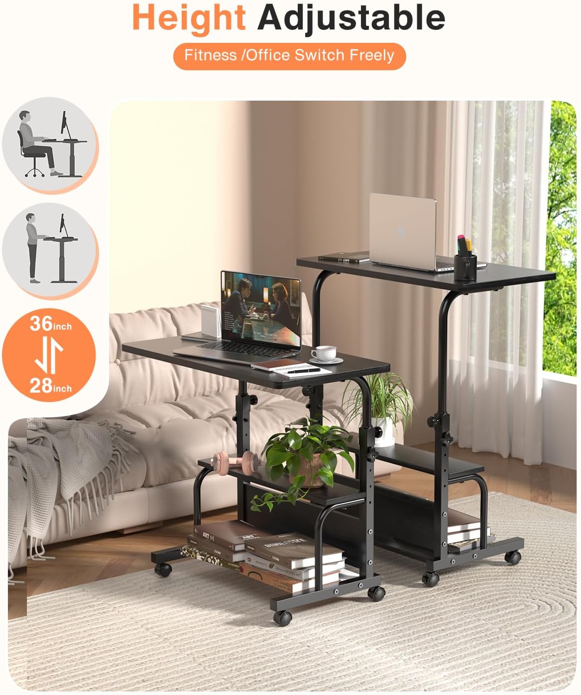 QZMDSM Portable Rolling Desk on Wheels Adjustable Height Desks for Small Spac...