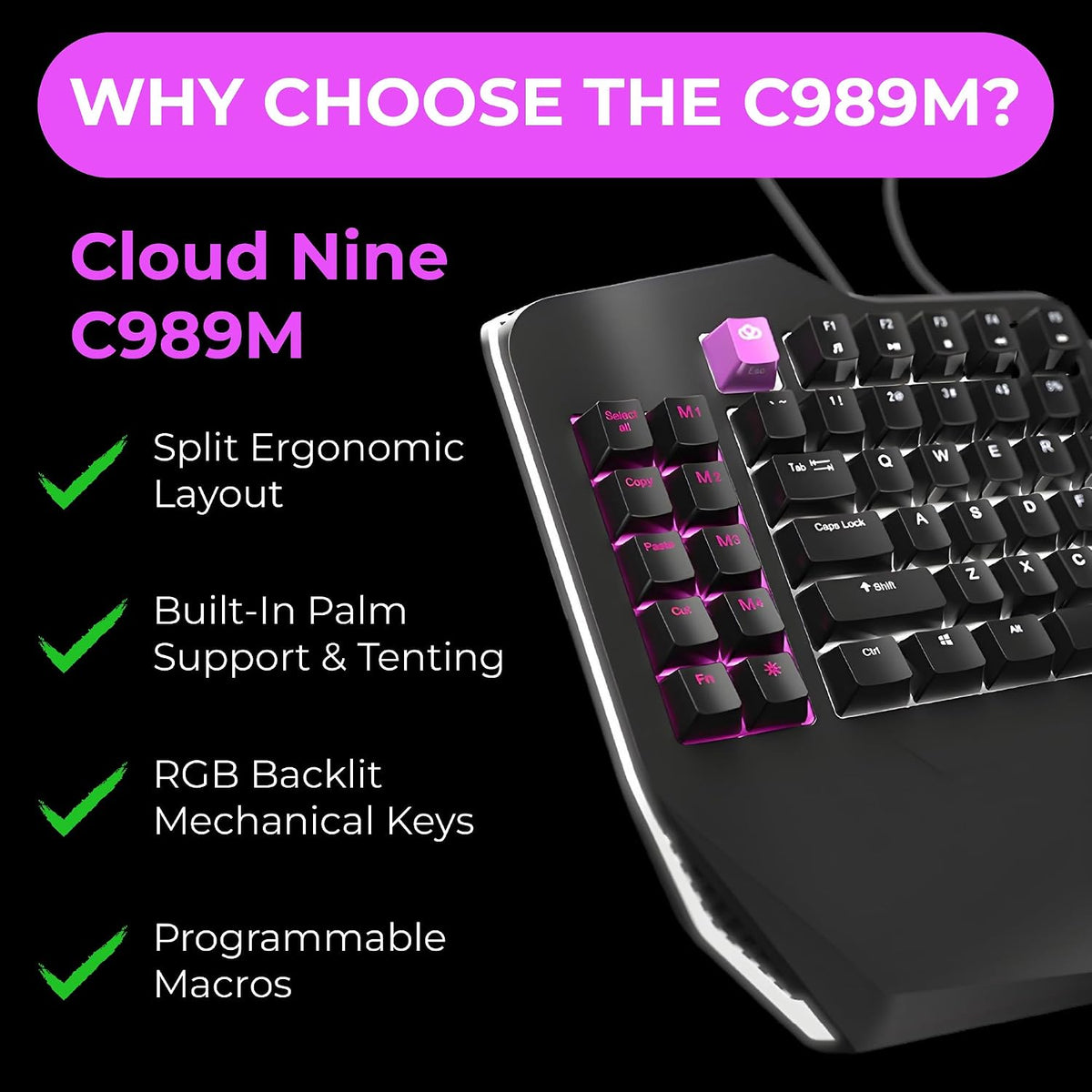 Cloud Nine C989M Ergonomic Mechanical Keyboard for PC - Kailh Tactile Brown S...