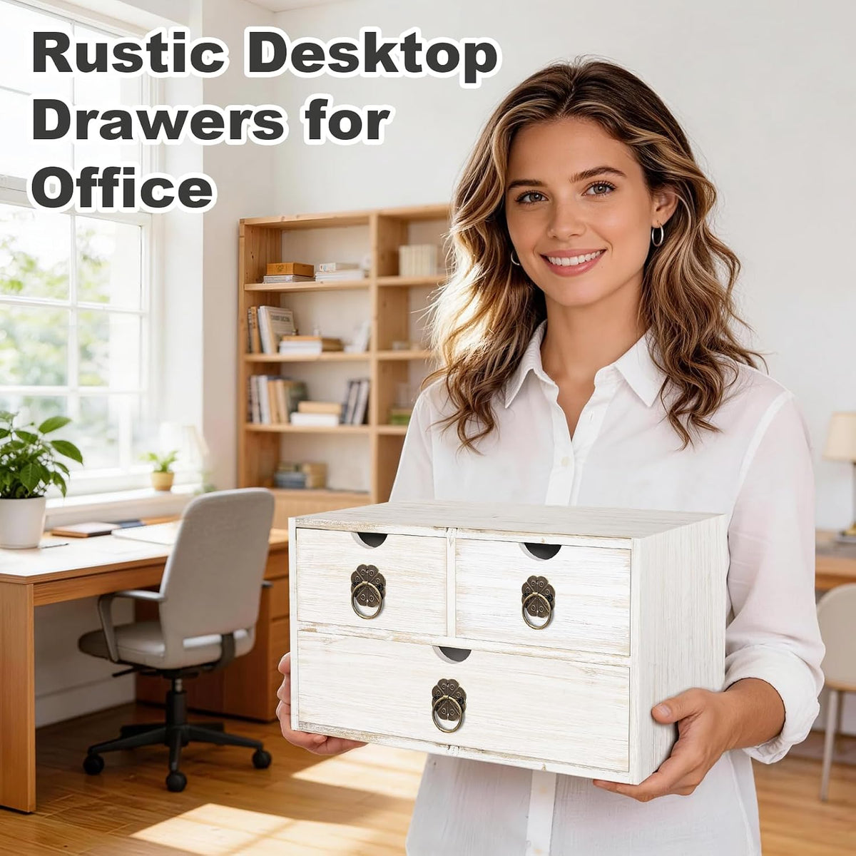 Wood Desk Organizer with Drawer, White Wooden Desktop Organizer, Tabletop Sto...