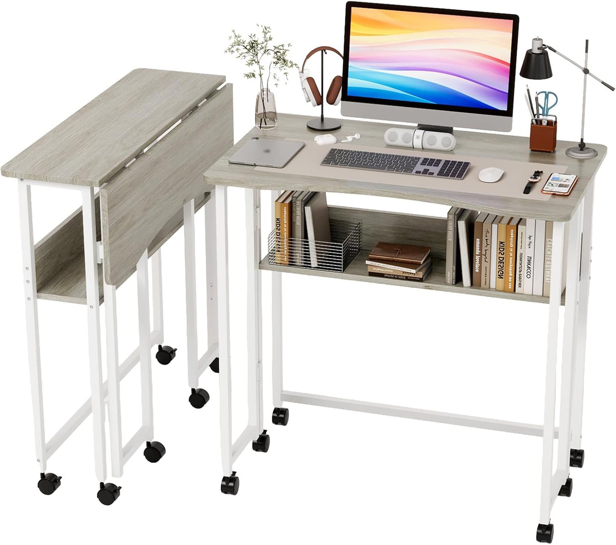 VINGLI 31.5 Inch Folding Computer Table, Small Rolling Desk with Storage Shel...