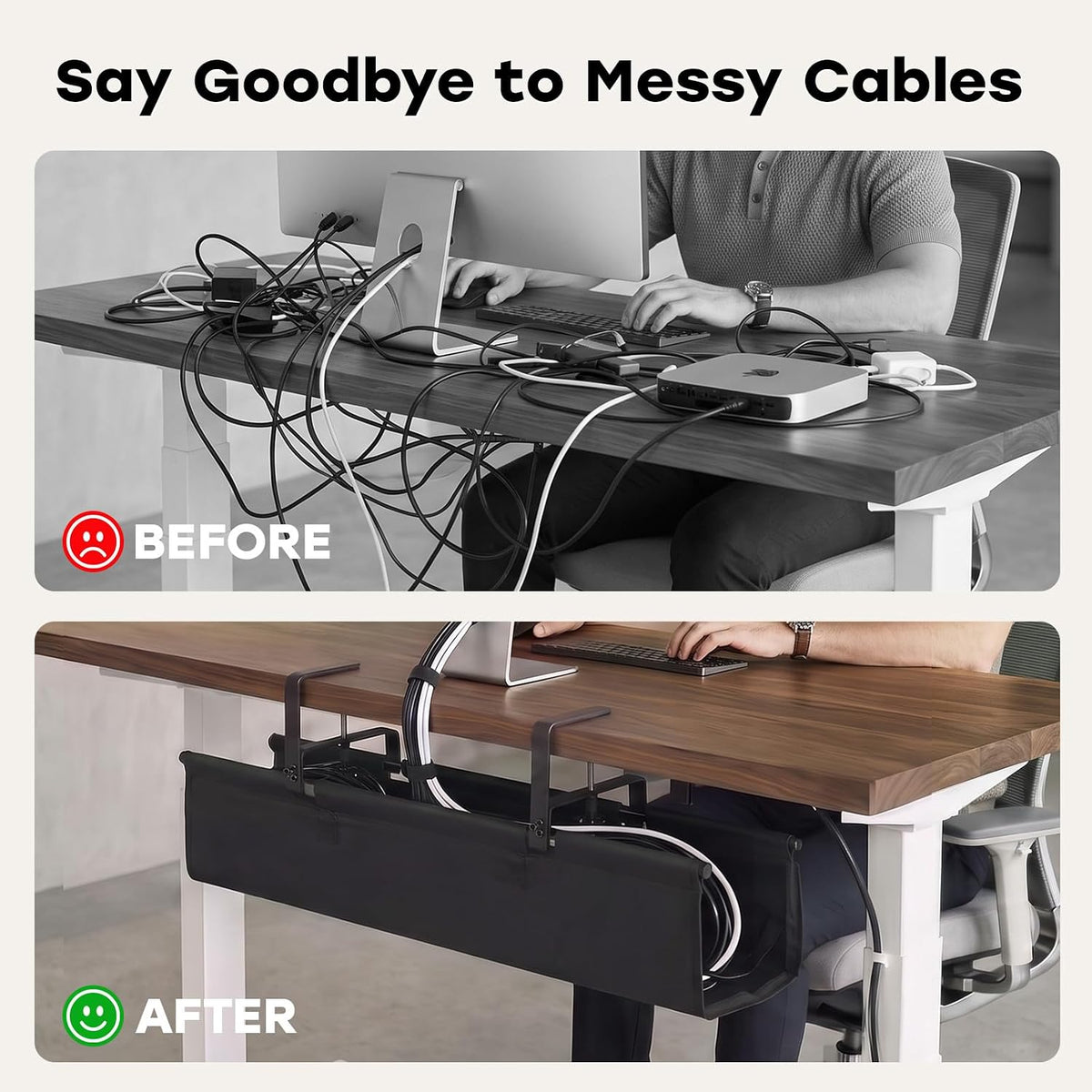 No Drill Under Desk Cable Management Tray, 28 Inch, Black