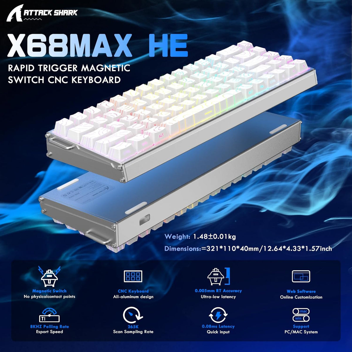 ATTACK SHARK X68 MAX HE 60% Wired Magnetic Switch Keyboard,Full Aluminum CNC,...