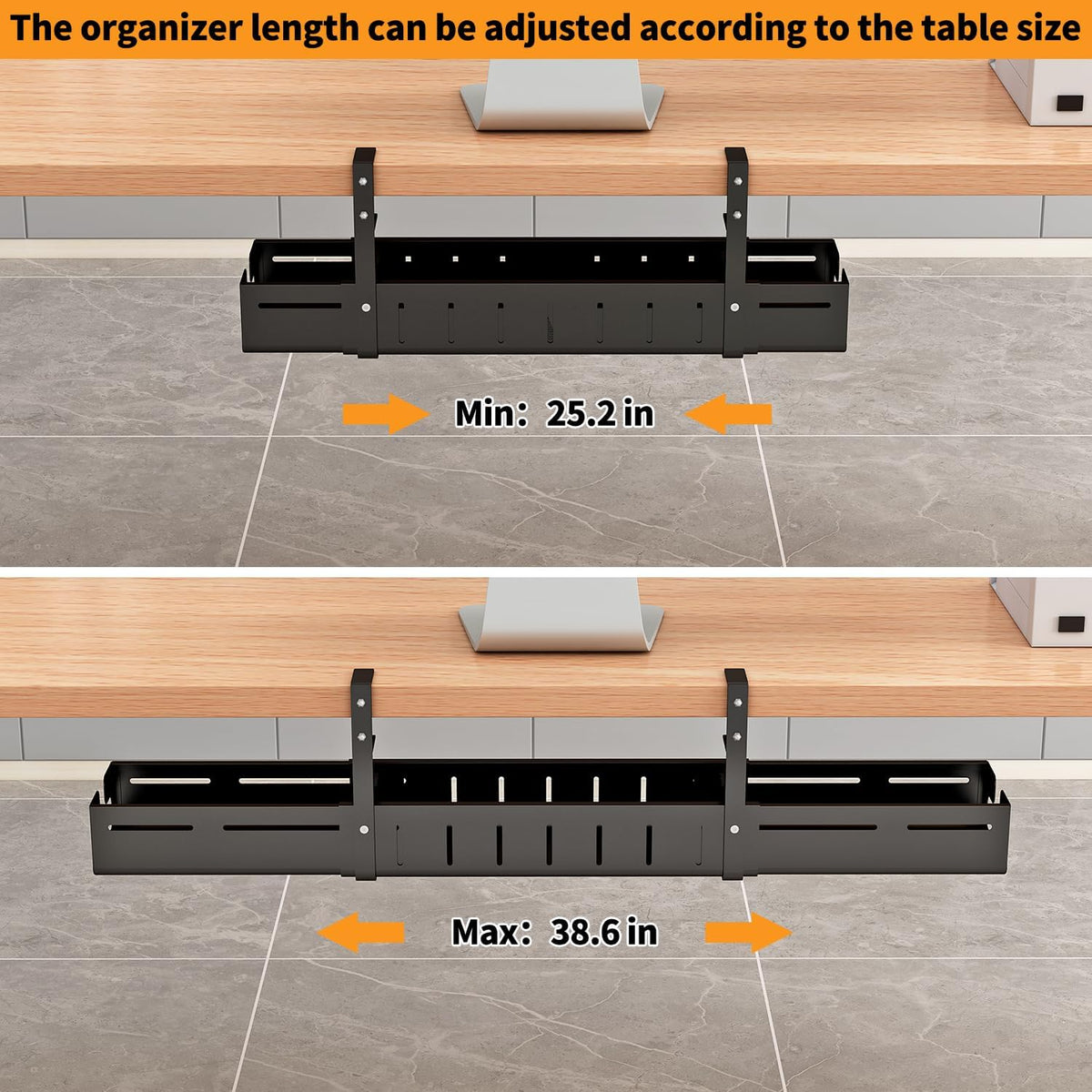 Under Desk Cable Management Tray, Expandable Length 25.2"-38.6",No ...