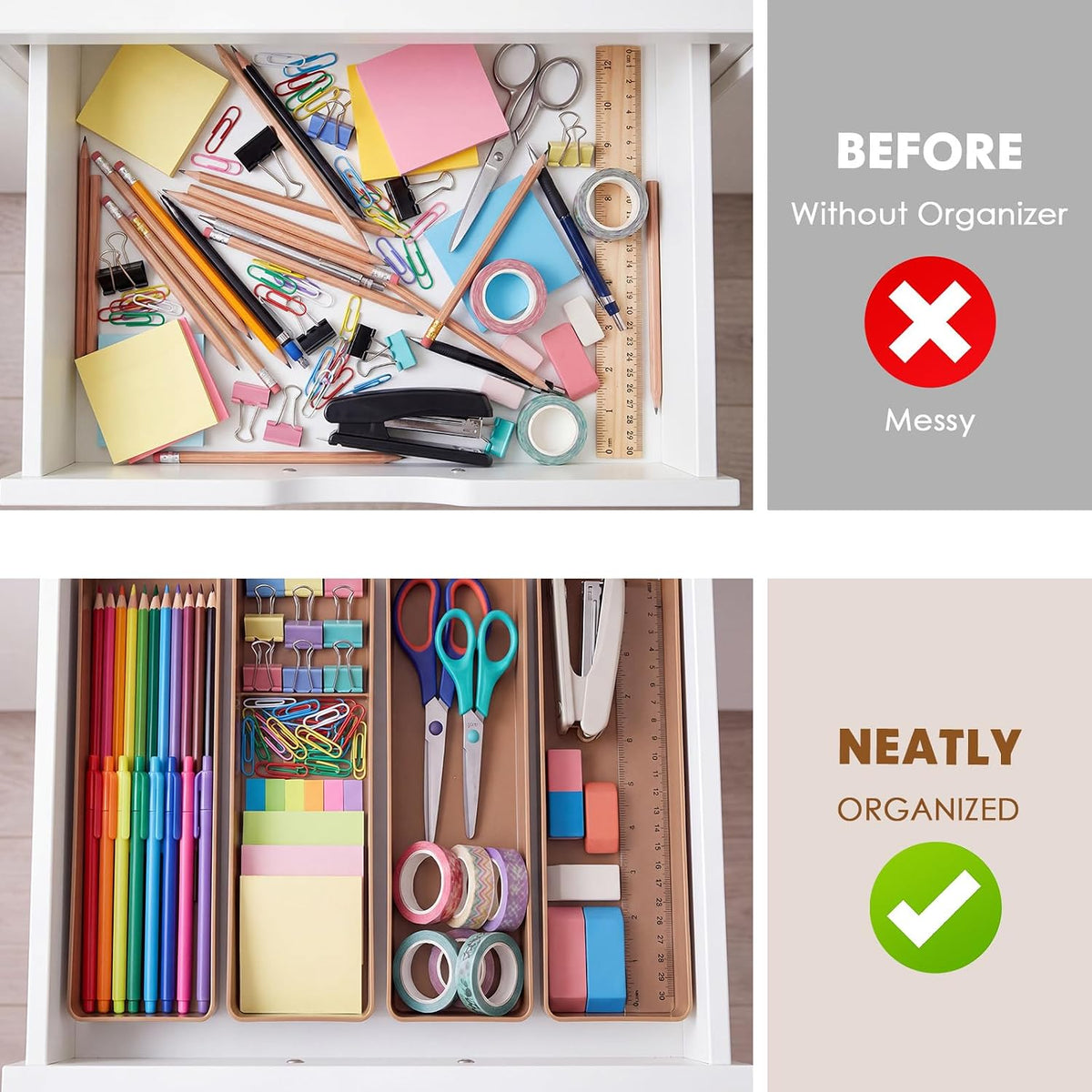 Teling 12 Pcs Brown Plastic Desk Drawer Organizer Pen Tray Shallow