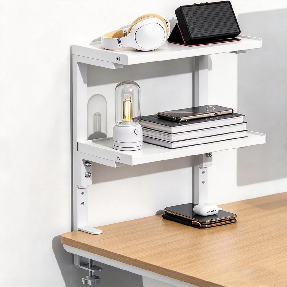 Spacrea 2 Tier Clamp on Desk Shelf (White)