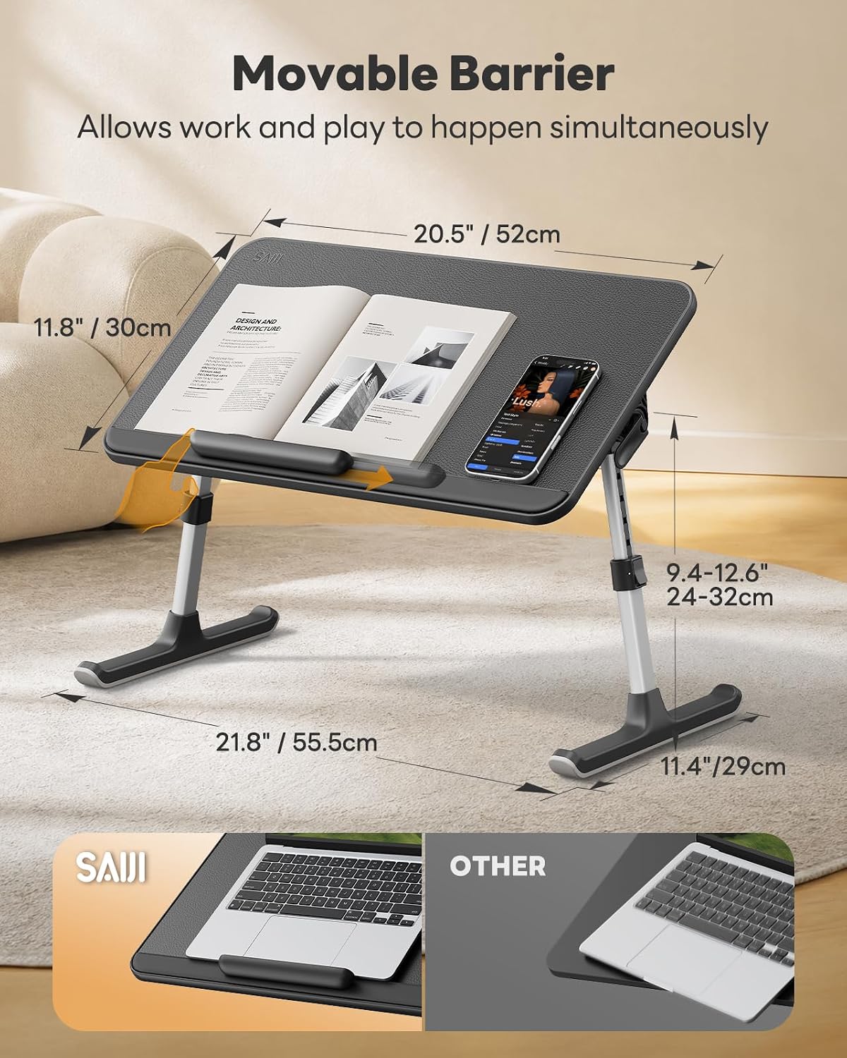 SAIJI PU Leather Laptop Bed Tray Table, Adjustable Laptop Stand with Removabl...