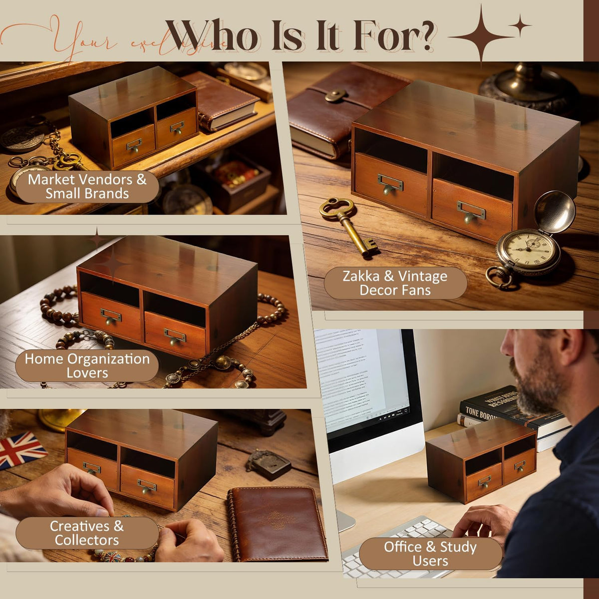 4-Pack Wide Wooden Desktop Drawer Organizer with Brass Label Holders - Horizo...