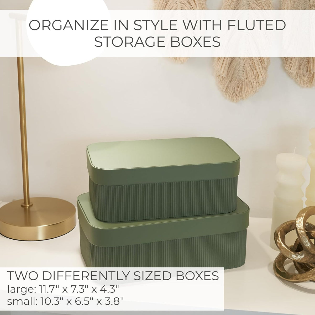 Decorative Storage Boxes with Lids - Set of 2 Fluted Photo Organizer Bins