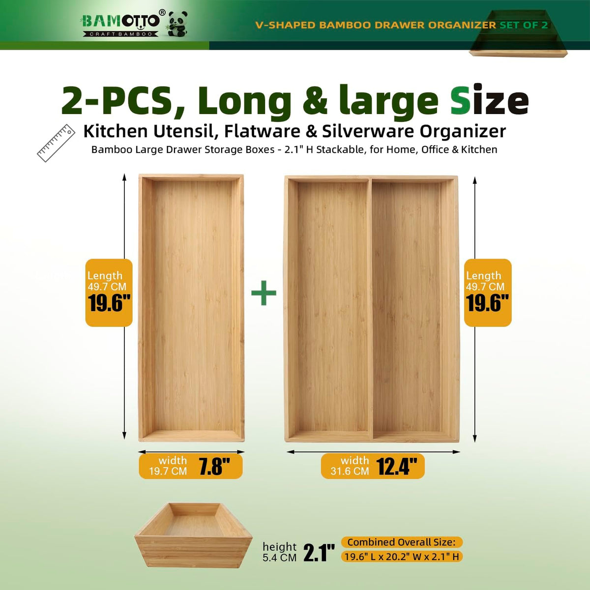 BAMOTTO CRAFTBAMBOO Long V-Shaped Bamboo Drawer Organizer Set of 2