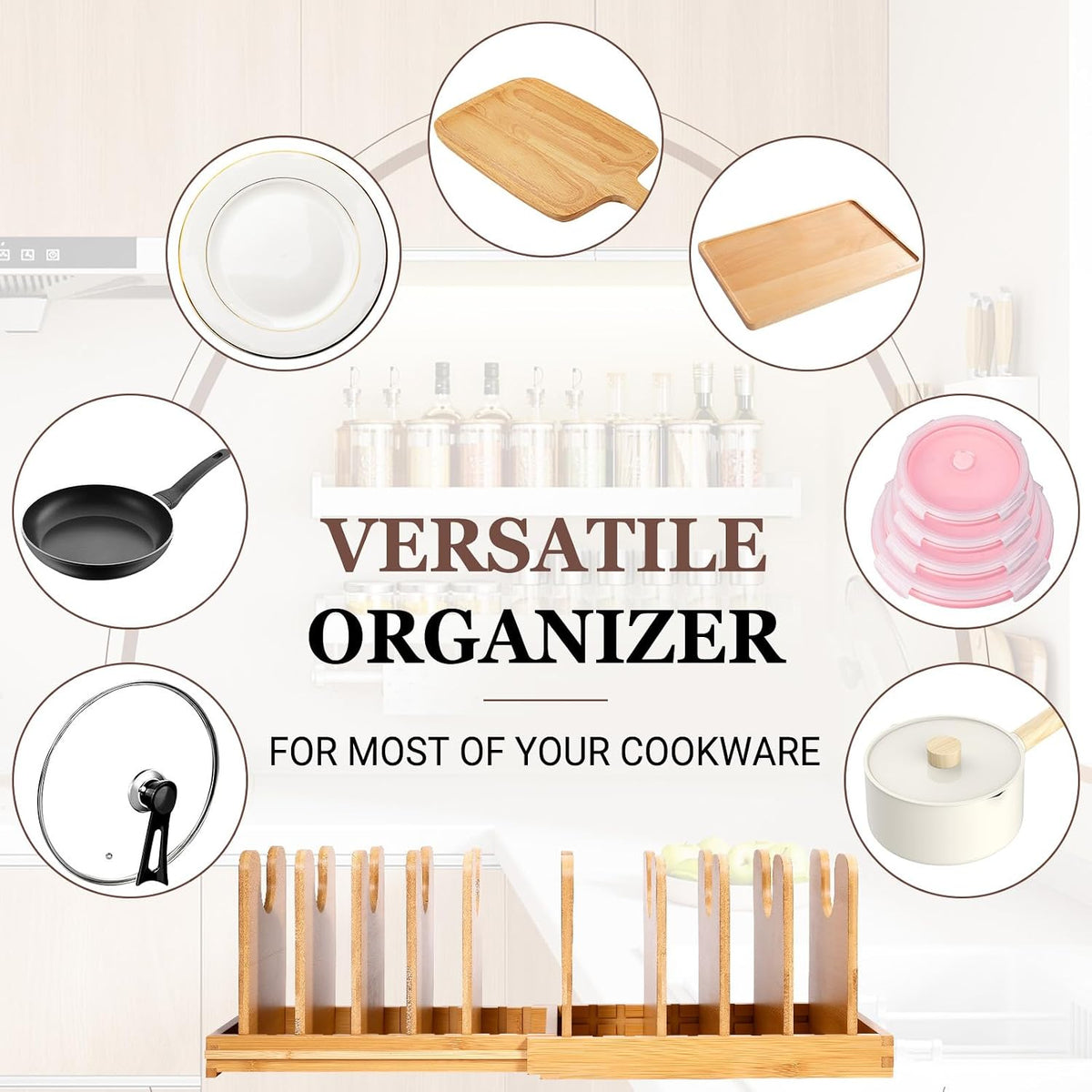 Bamboo Expandable Pot Lid Organizer, Pots and Pans Holder Rack for Cabinet