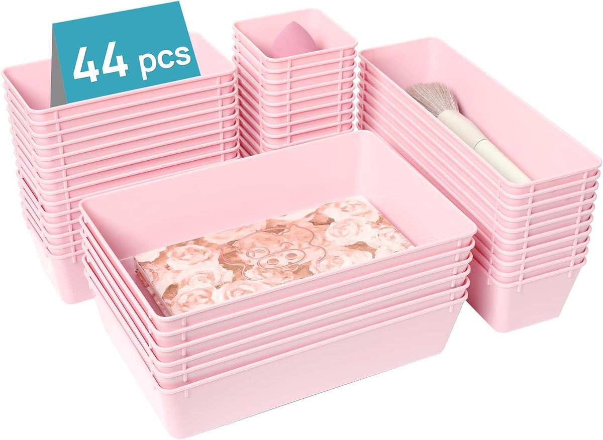 Vtopmart 44 PCS Plastic Drawer Organizers Set, Vanity Organizer Trays, Pink
