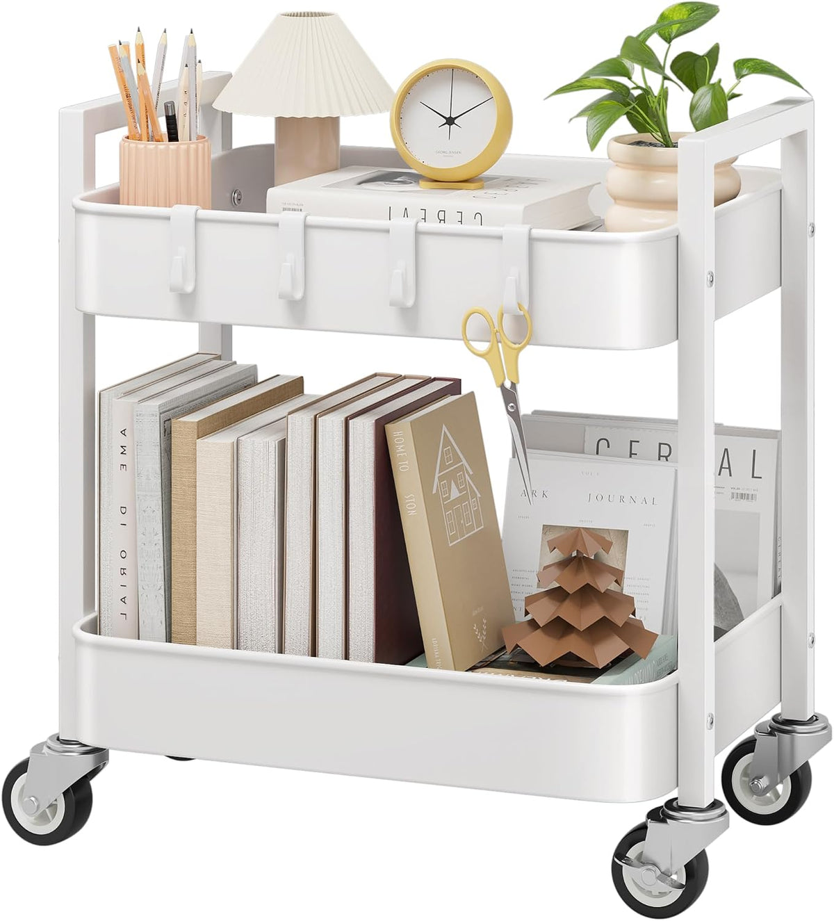 Nunsino Small 2 Tier Rolling Cart Under Desk Storage with Wheels,White