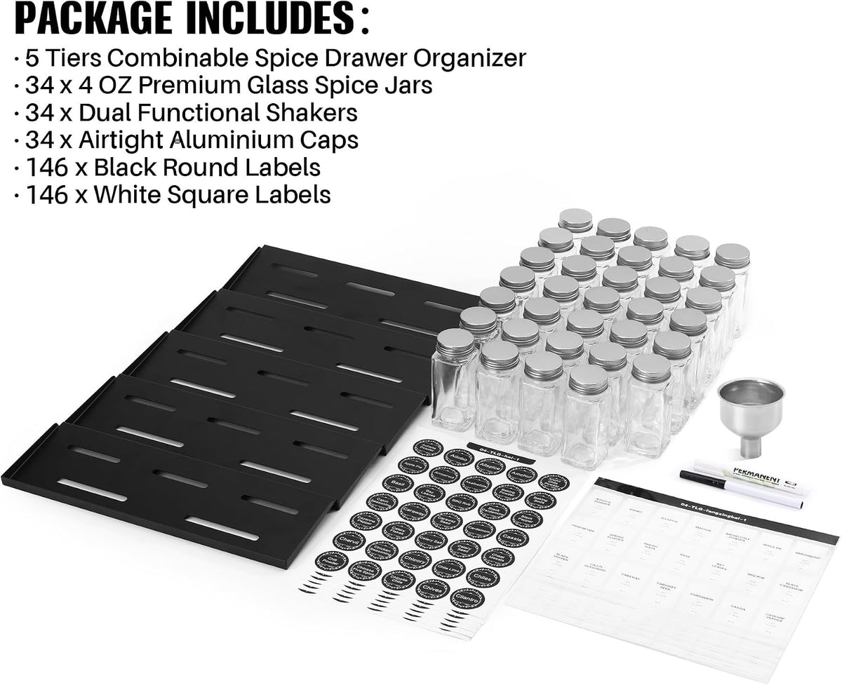 MIUKAA Spice Drawer Organizer with 34 Spice Jars, 378 Spice Labels, 5 Tier - ...
