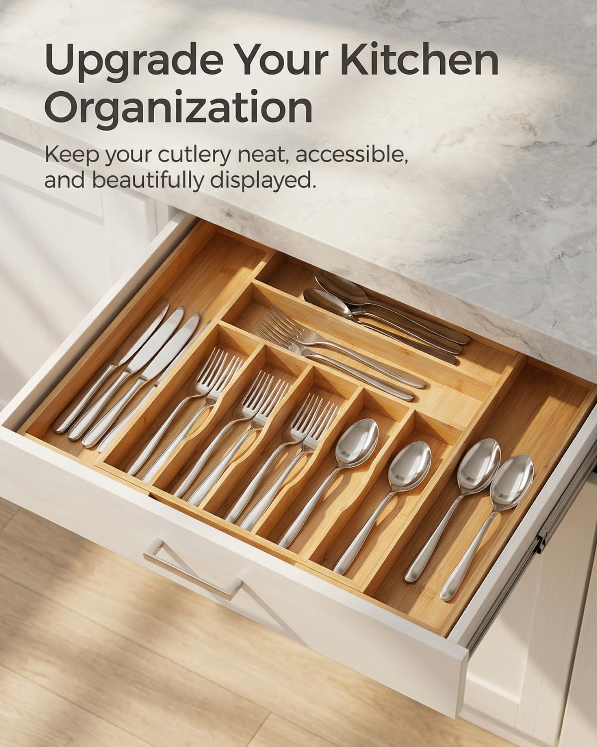 Expandable Bamboo Silverware Drawer Organizer – Adjustable 21" Wide Wood...