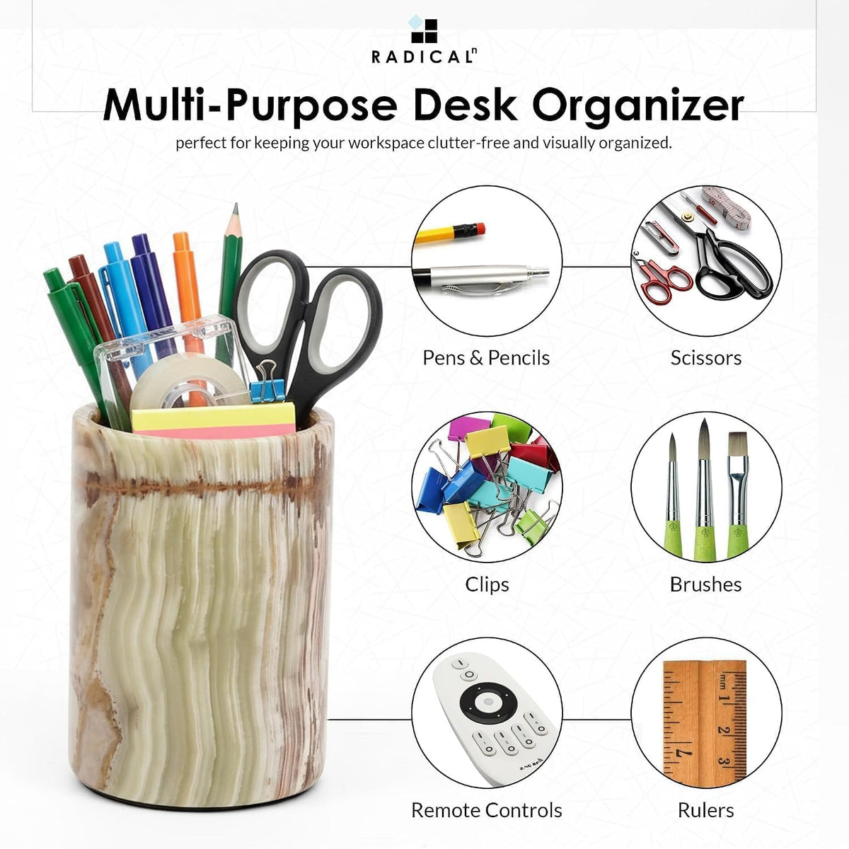 Radicaln Marble Pen Holder for Desk 4" - Pencil Holder & Makeup Brus...