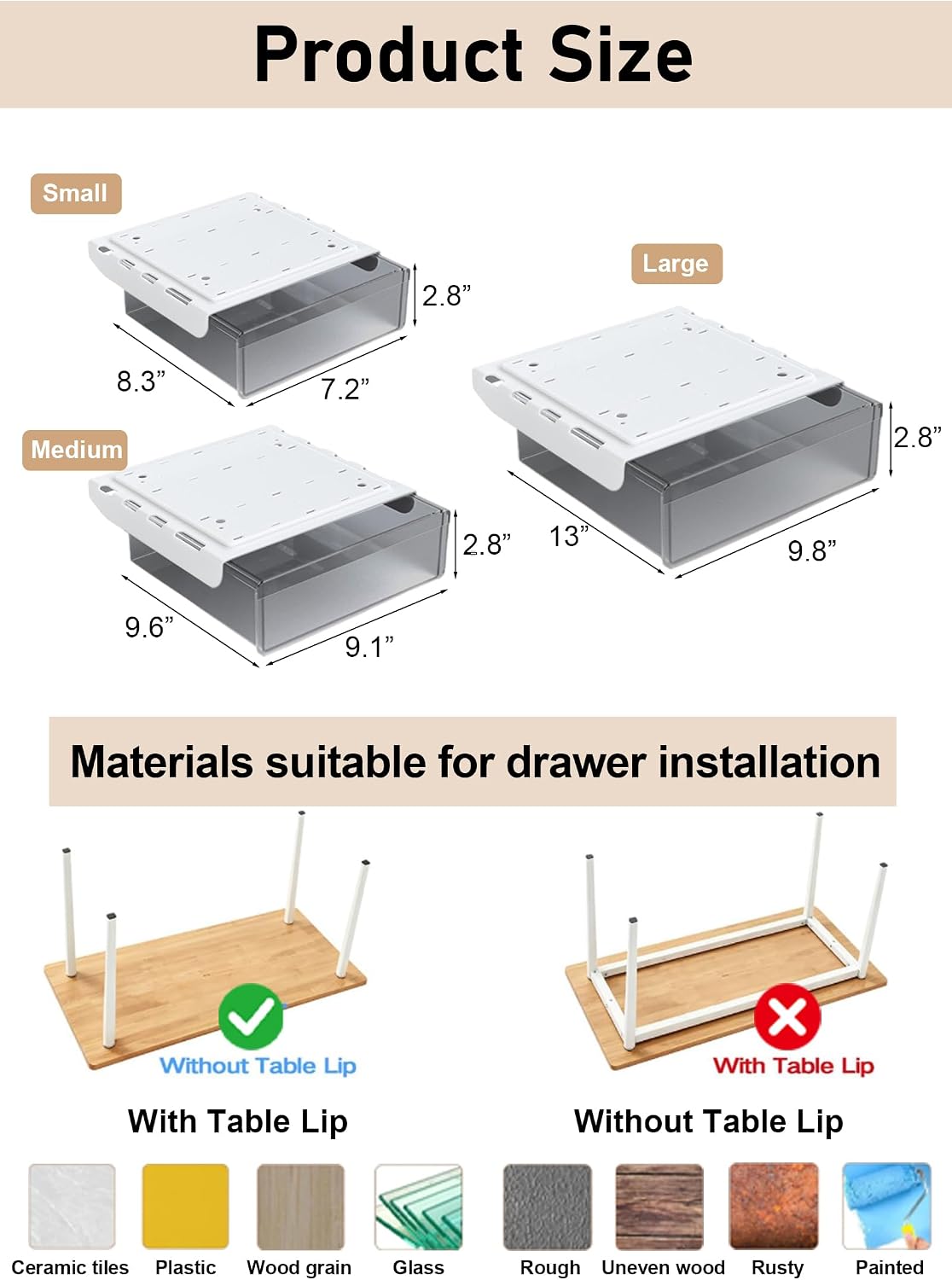 Under Desk Drawer Set of 3, Slide-Out Under Desk Storage Drawers (Large/Mediu...