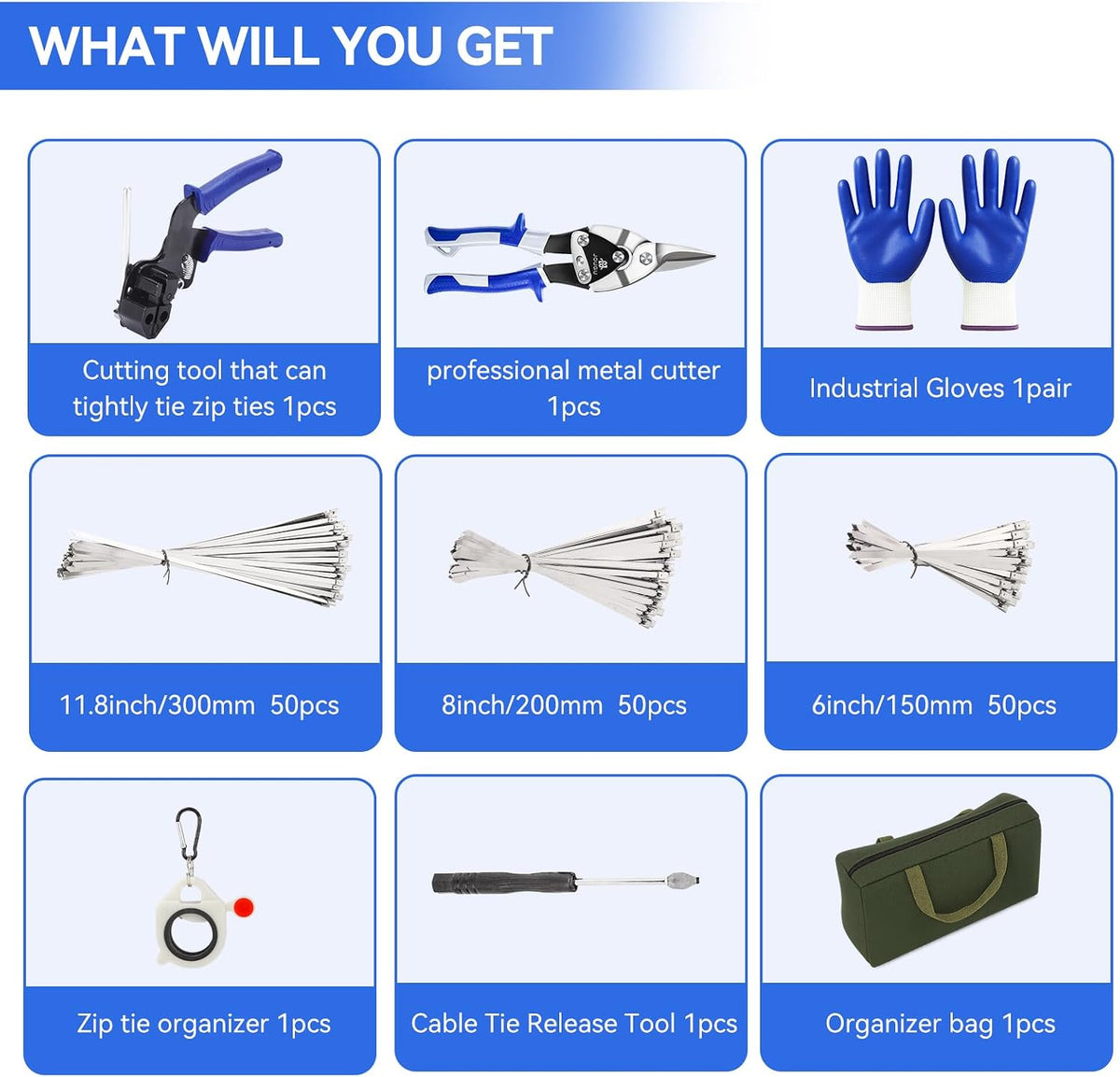 Metal Zip Ties Cutter Stainless Steel Cable Tie Gun Kit Assortment With 150pc...