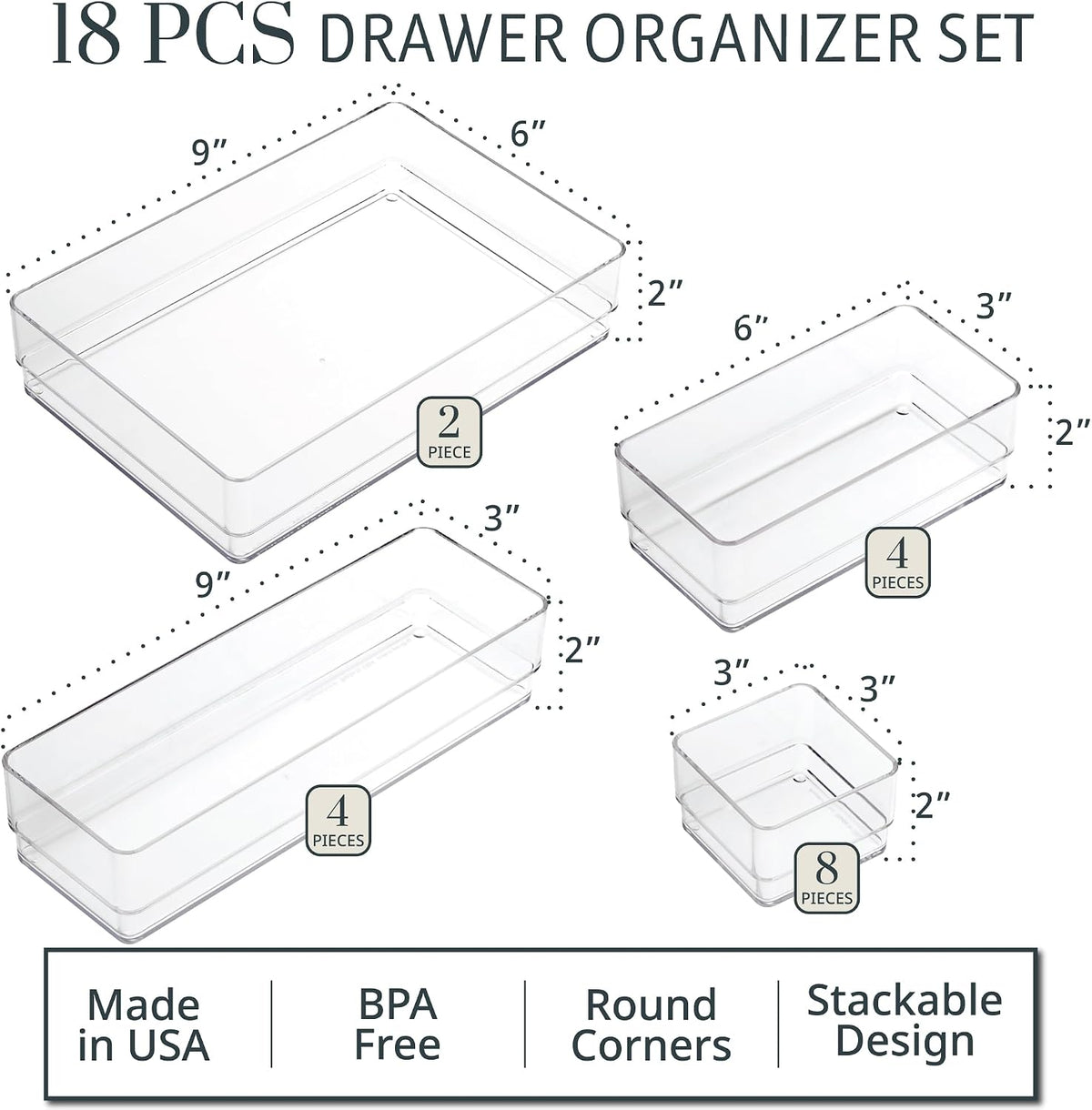 STORi SimpleSort 18-Piece Stackable Clear Drawer Organizer Set | Multi-size T...