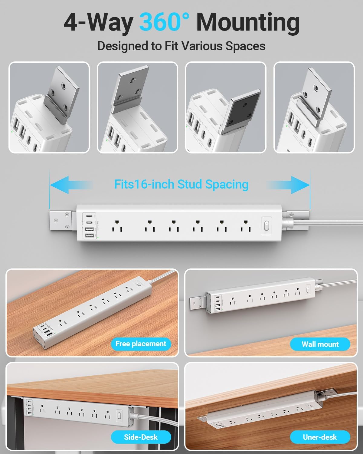 360° Mountable Surge Protector Power Strip with 4 USB Ports (2 USB C), 6 FT E...