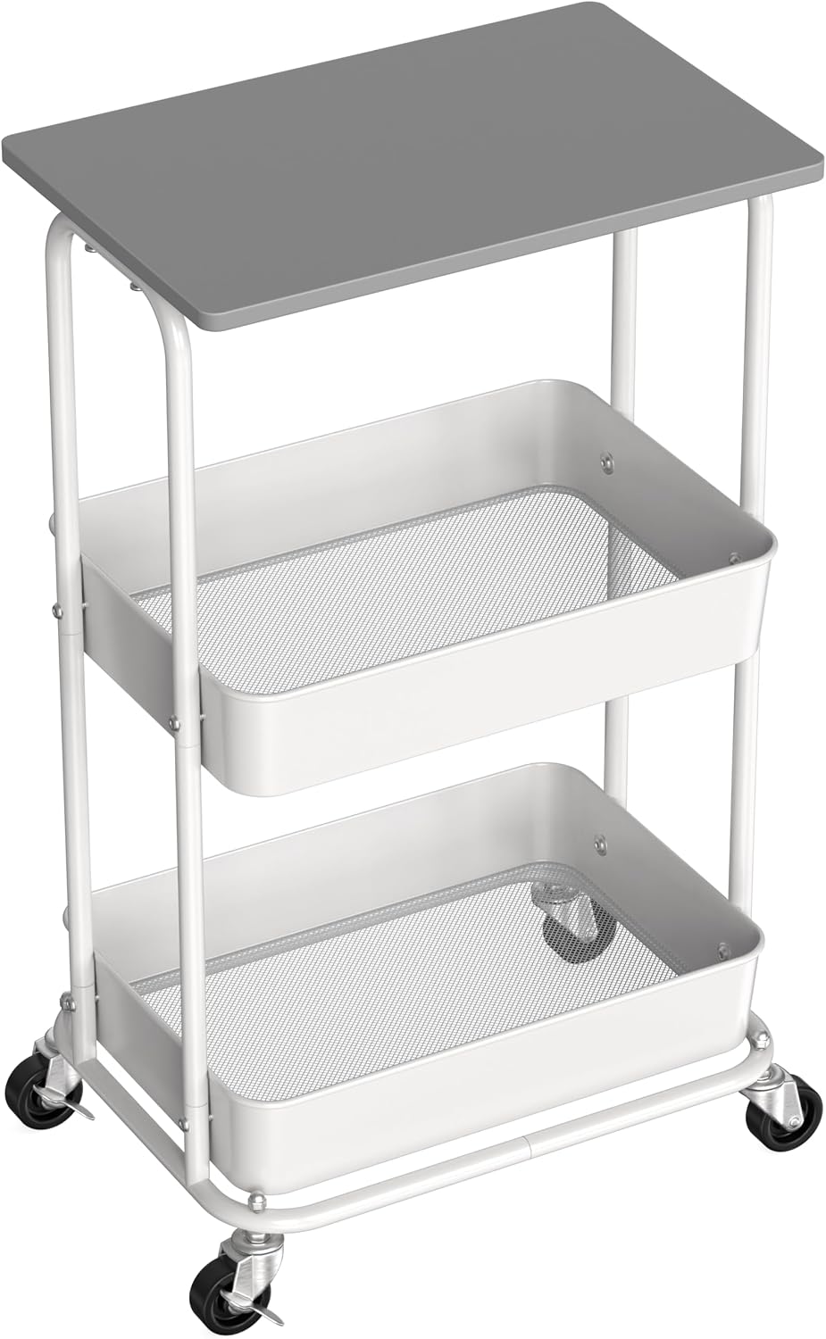 Simple Houseware 2-Tier Rolling Utility Cart Wood Top/Lockable Wheel, Gray