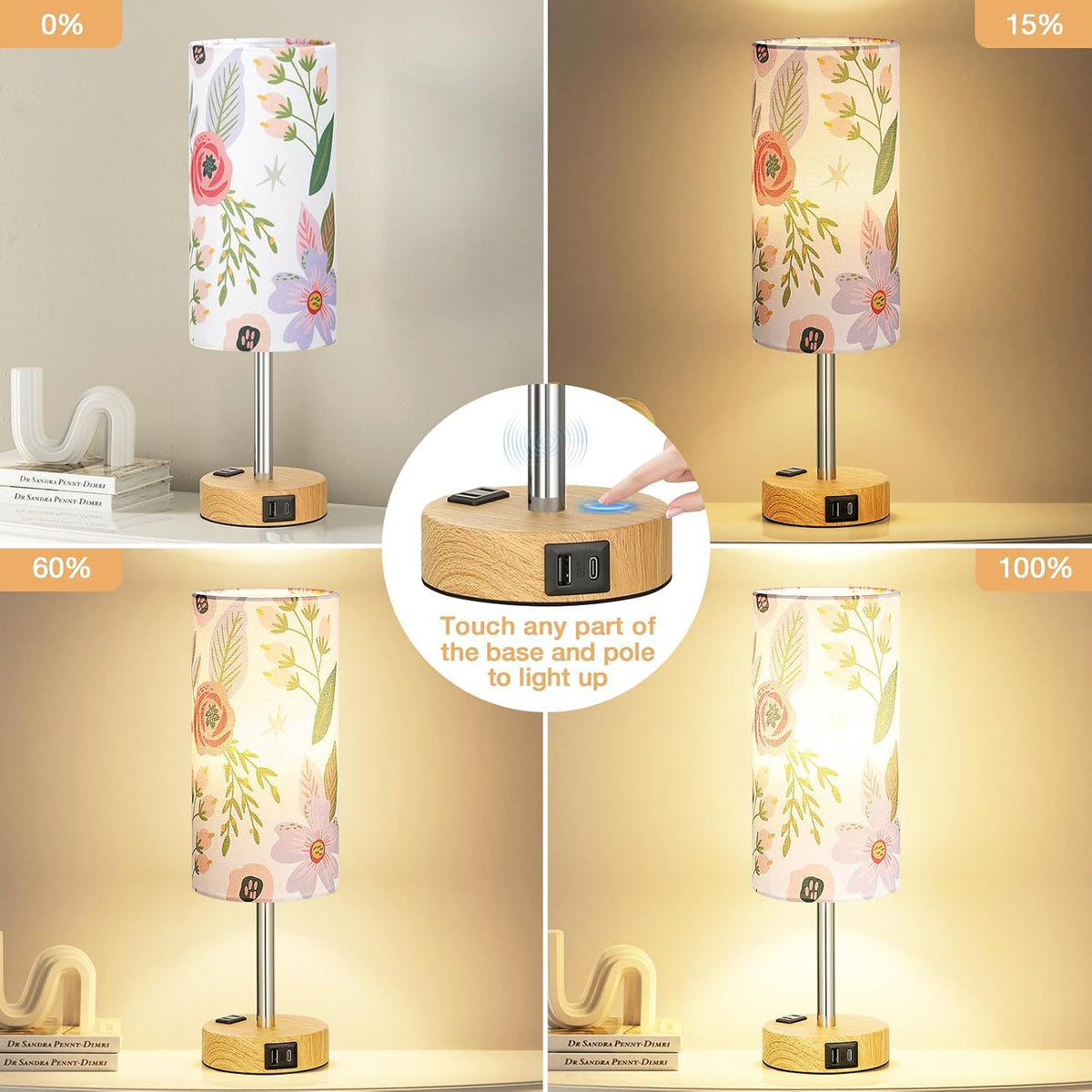 Fenmzee Floral Bedside Lamp for Bedroom, Dimmable Touch, USB A+C, AC Outlet