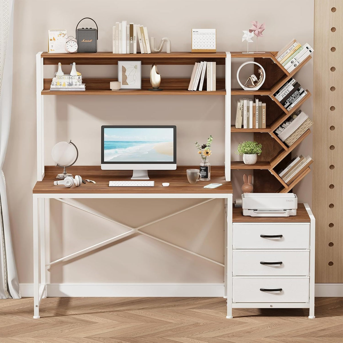 YOMILUVE 52" Computer Desk with Bookshelf, 3 Drawers & Hutch for Bedroom