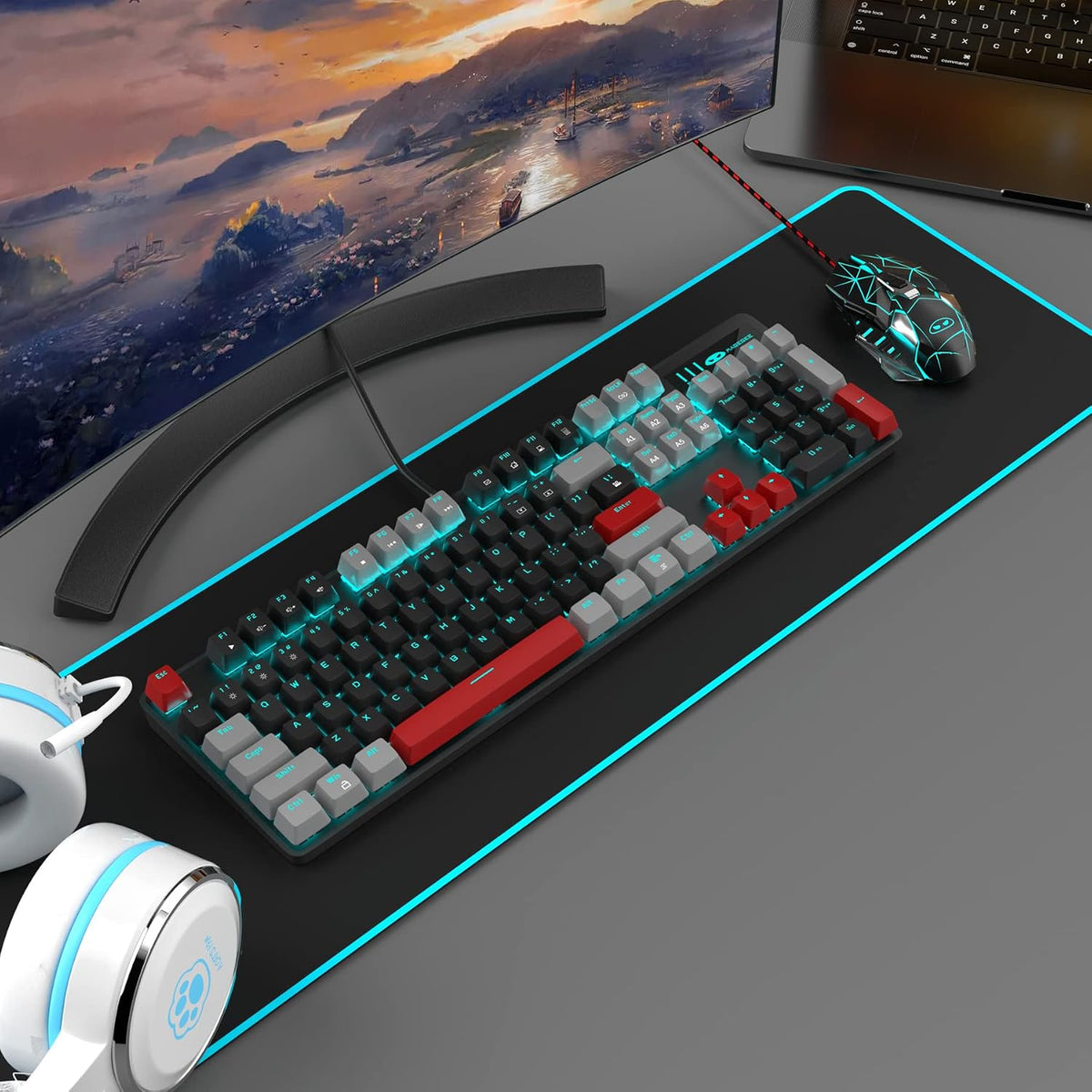 MageGee Mechanical Gaming Keyboard, 104 Keys Blue Backlit Keyboards with Red ...
