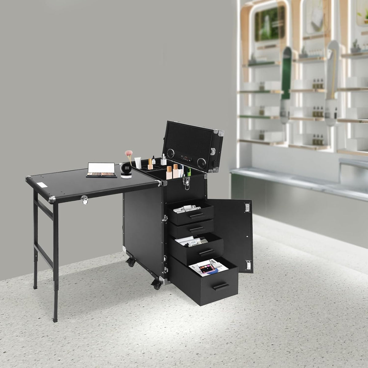 Cosmetic Trolley Storage Organizer, Foldable Nail Tables with 4 Drawers Mirro...