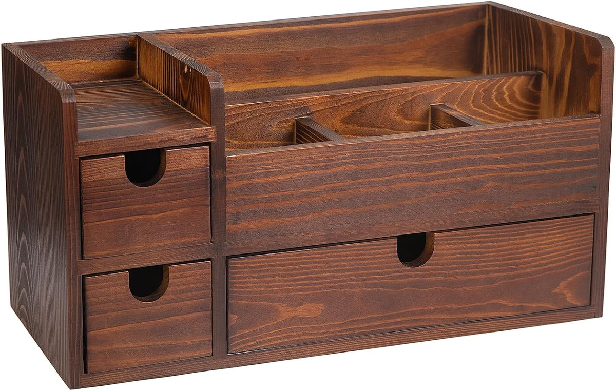 Rustic Brown Wooden Desktop Organizer Drawers Removable Office Supplies Torch...