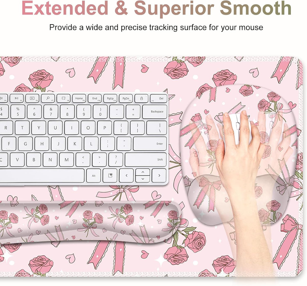 Pink Mouse Pad with Wrist Support 4 in1 Set, XXL Big Game Mousepad + Keyboard...