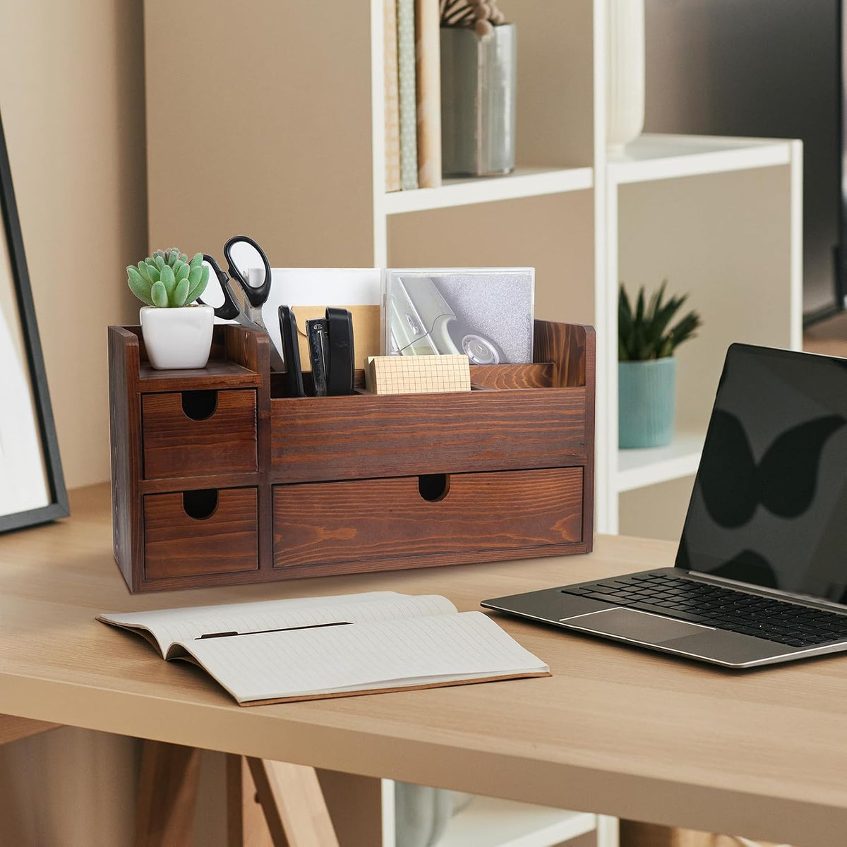 Rustic Brown Wooden Desktop Organizer Drawers Removable Office Supplies Torch...