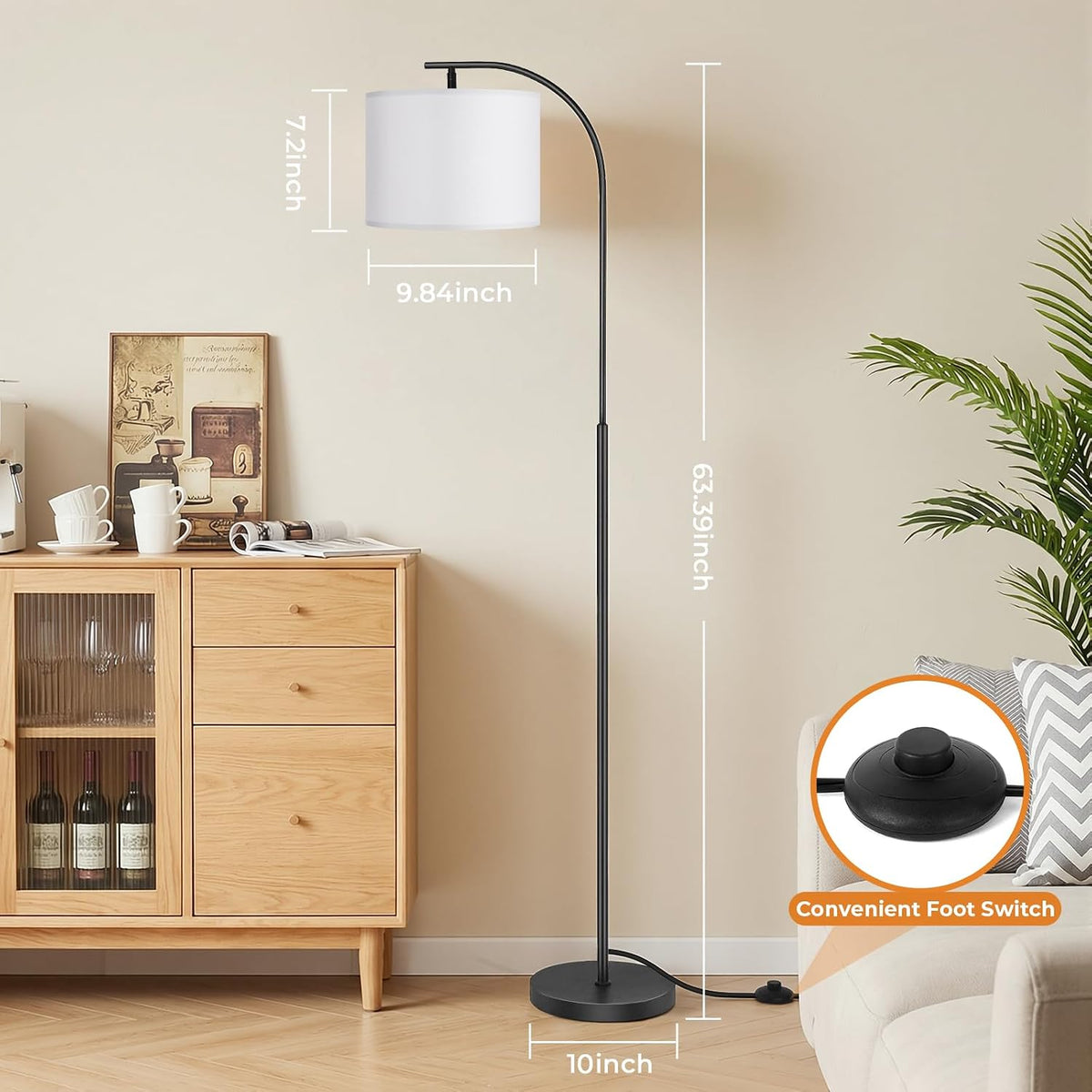 SIBRILLE Floor Lamp with Linen Shade, Arc Dimmable Tall Standing Lamp with Re...