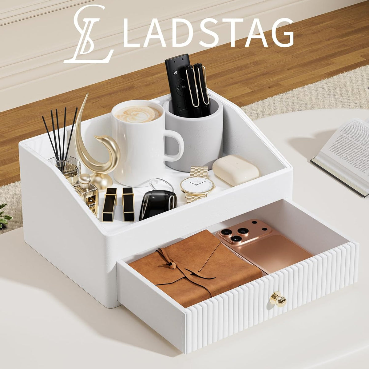 LADSTAG Office Desk Accessories,Beige White Vegan Leather Office Organizer wi...