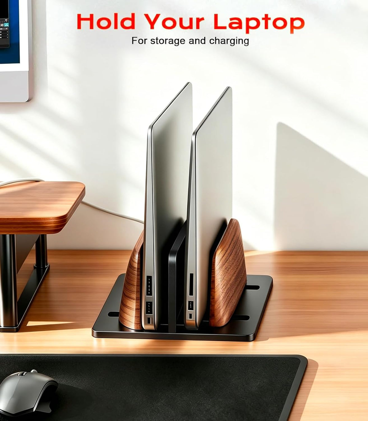 JCZT Vertical Laptop Stand, Walnut Dual Laptop Holder, Black
