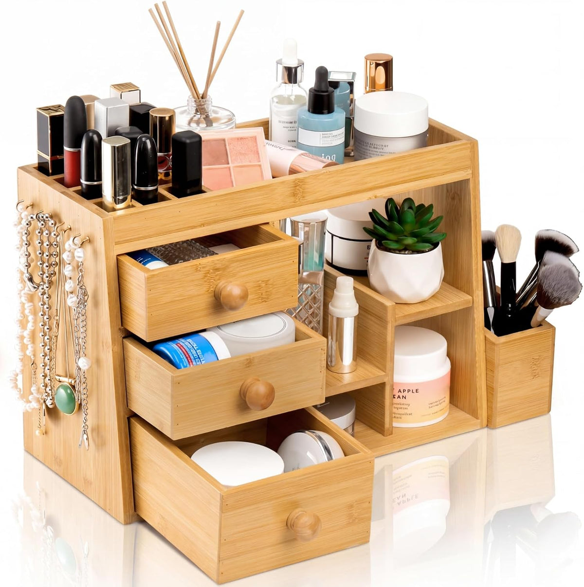 Elsjoy Large Countertop Bamboo Makeup Organizer with 3 Drawers, 12-Grid Lipst...