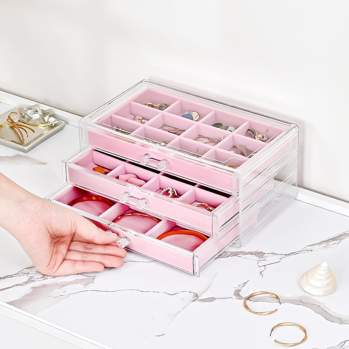 ProCase Earring Holder Organizer Jewelry Box with 3 Drawers, Pink