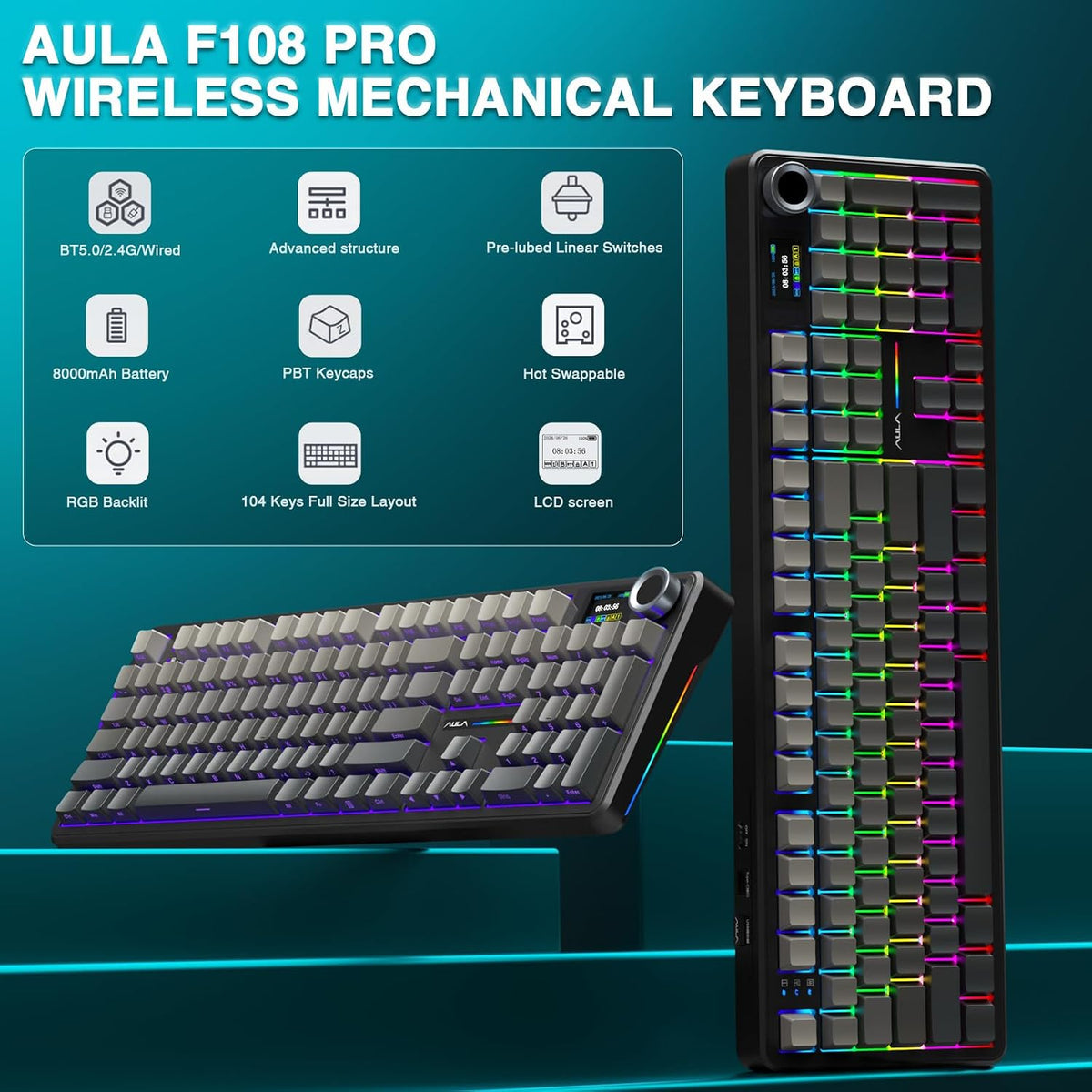 AULA F108 PRO - Wireless Mechanical Keyboard with Screen & Knob,Full Size...