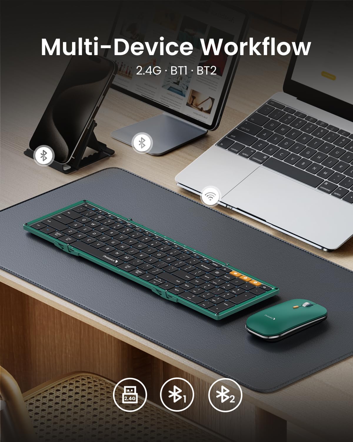 ProtoArc XKM01 Full-Size Foldable Keyboard Mouse Combo for Travel, Green