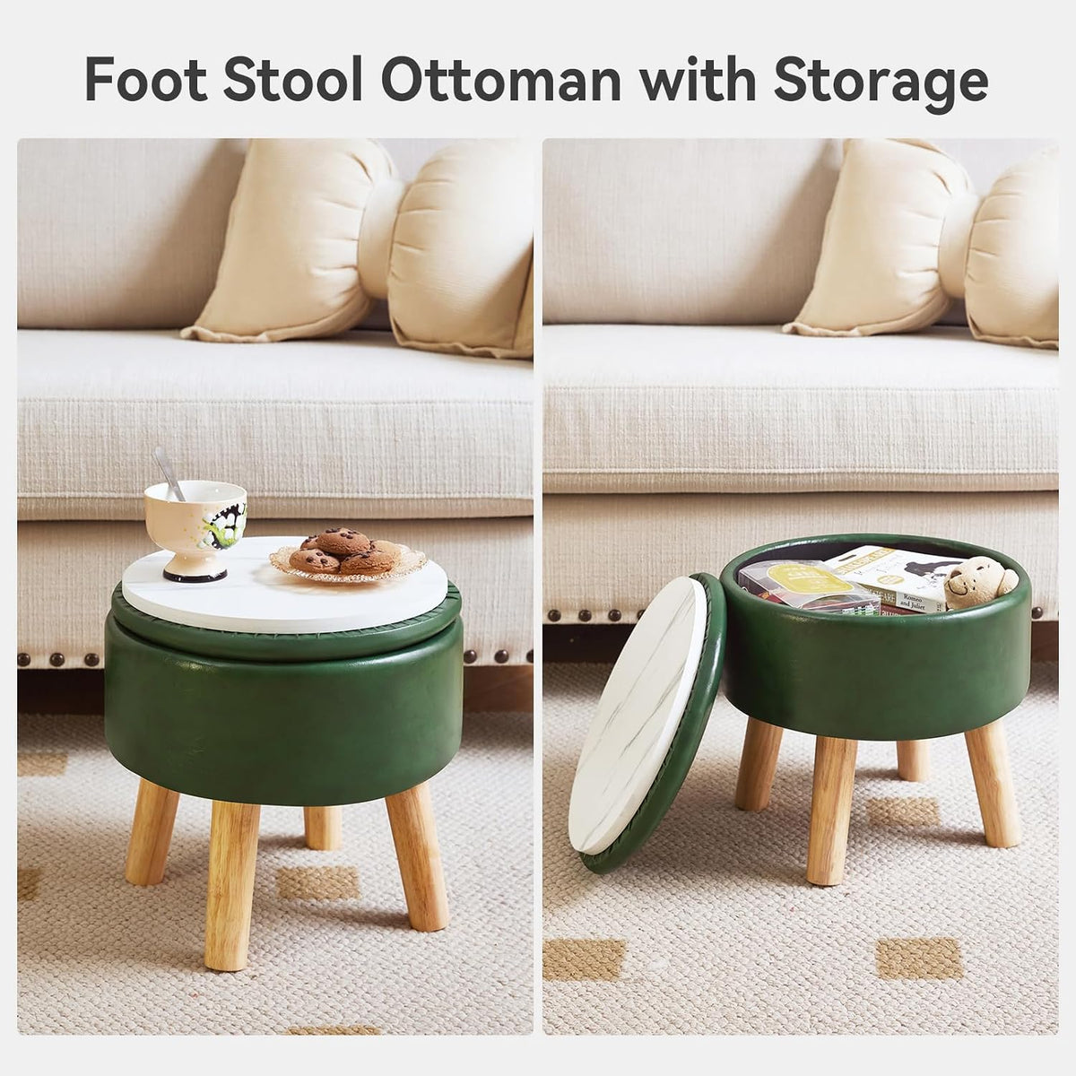 IBUYKE Small Foot Stool Ottoman with Storage, Round, Dark-Green WBD023GR