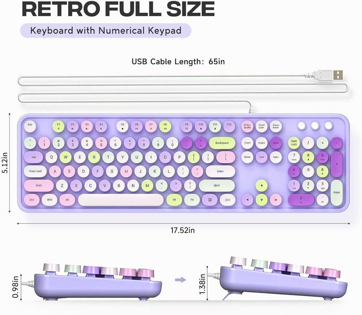 KNOWSQT Wired Computer Keyboard - Purple Colorful Retro Full Size Round Keyca...